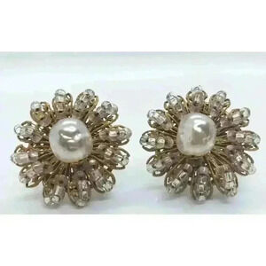 RARE MIRIAM HASKELL Signed Faux Pearl & Crystal Seed Bead Earrings Clip Screw